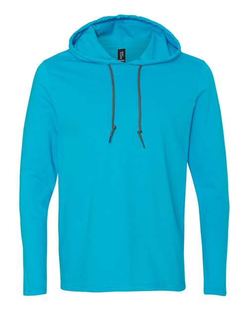 Gildan Unisex Softstyle® Lightweight Hooded Long Sleeve T-Shirt in Caribbean Blue/Dark Grey, front view