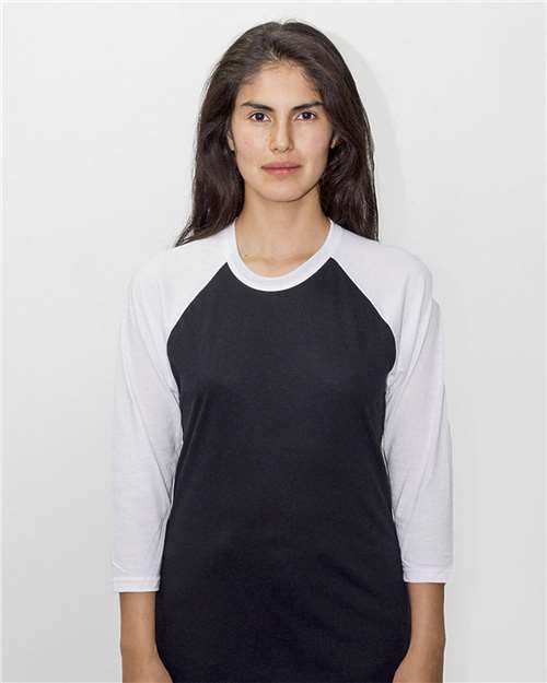 Los Angeles Apparel Unisex USA-Made Three-Quarter Sleeve Raglan Baseball T-Shirt in Black/White