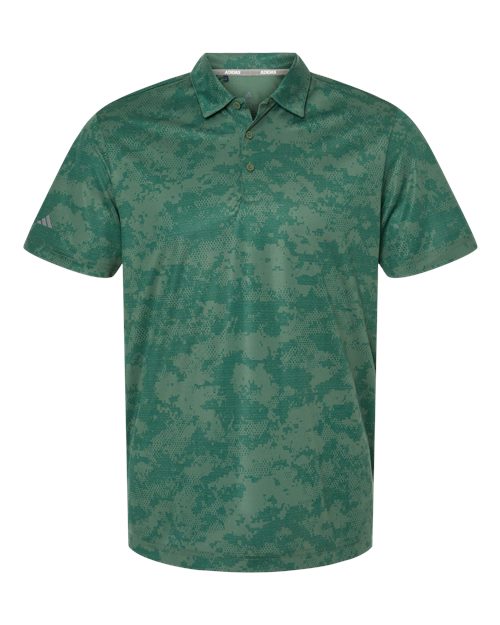 Adidas Men's All Over Camo Print Polo in Green Oxide, front view