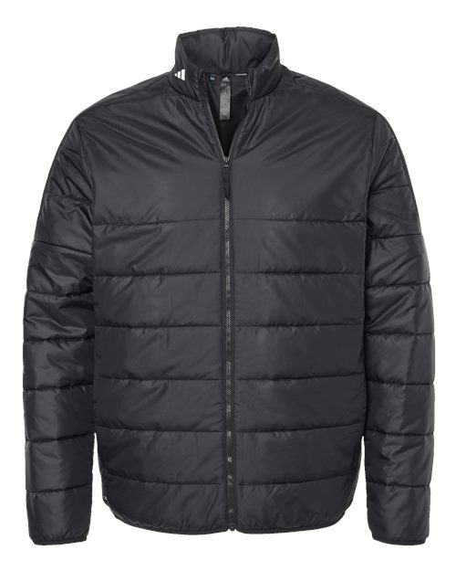 Adidas Men's 3-Stripes Puffer Full-Zip Jacket in Black, front view