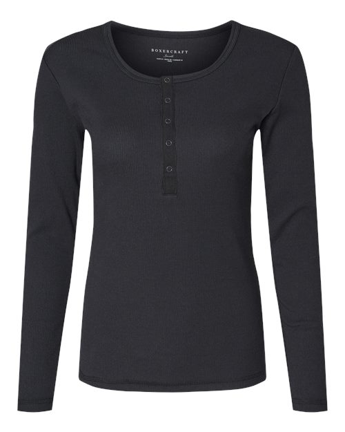 Boxercraft Women's Harper Long Sleeve Henley in Black, front view
