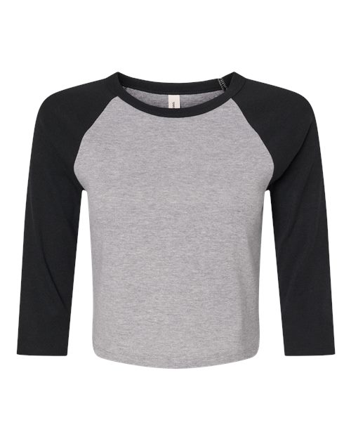 BELLA + CANVAS Women's Micro Rib Three-Quarter Raglan Sleeve Baby Tee in Athletic Heather/Black, front view
