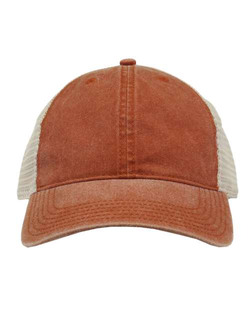 The Game Pigment-Dyed Trucker Cap in Texas Orange/Stone, front view