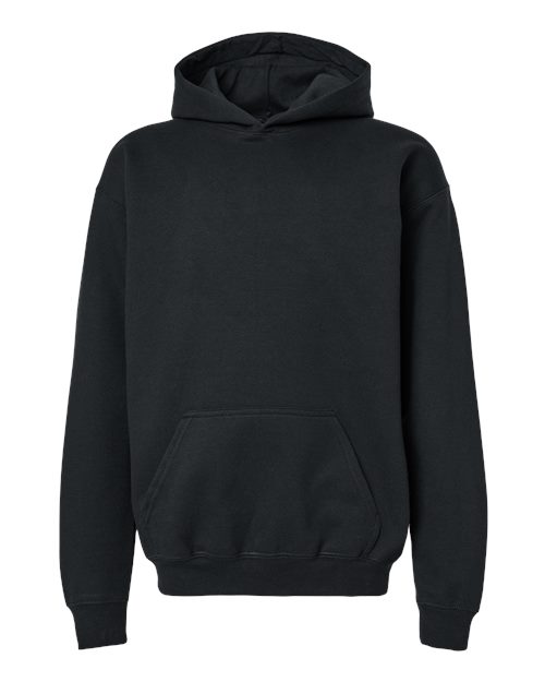 Gildan Youth Softstyle® Midweight Hooded Sweatshirt in Black, front view