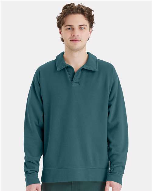 ComfortWash by Hanes Unisex Garment-Dyed Polo Collar Sweatshirt in Cactus, front view on model