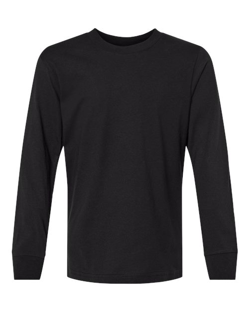 Next Level Youth Cotton Long Sleeve T-Shirt in Black, front view