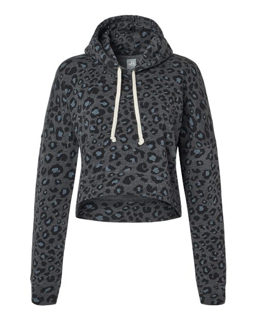 J. America Women's Crop Hooded Sweatshirt in Black Leopard Triblend, front view