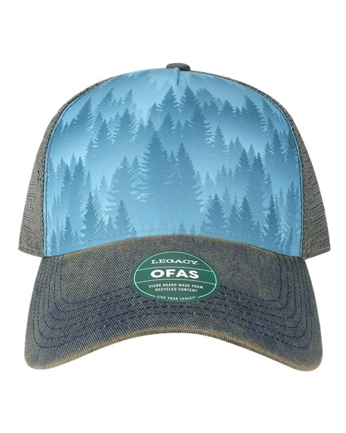 LEGACY Old Favorite Five-Panel Trucker Cap in Blue Pines, front view