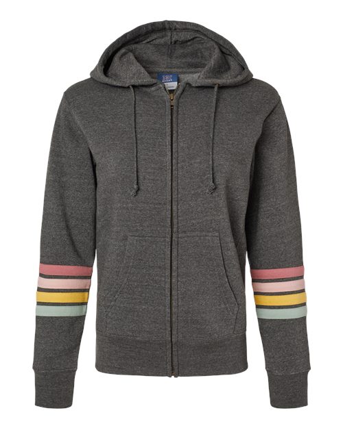 MV Sport Women's Striped Sleeves Full-Zip Hooded Sweatshirt in Charcoal, front view