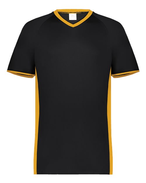 Augusta Sportswear Youth Cutter V-Neck Jersey in Black/Gold, front view