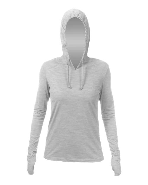 ANETIK Women's Breeze Tech Hooded Long Sleeve T-Shirt in Alloy Heathered, front view