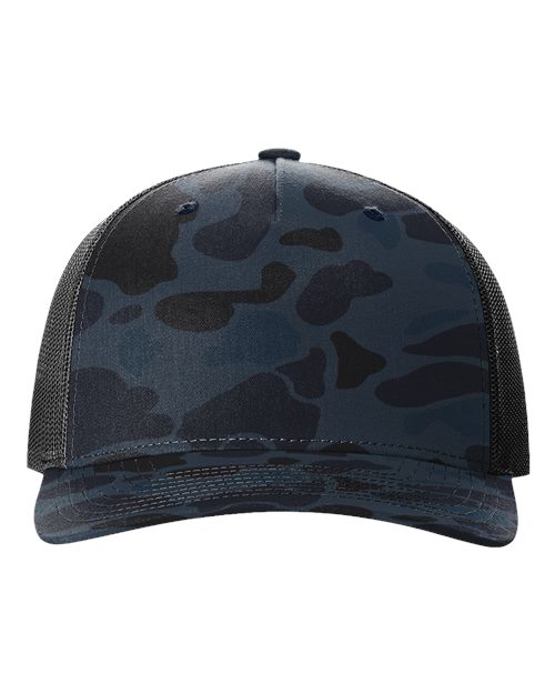 Richardson Printed Five-Panel Trucker Cap in Admiral Duck Camo/Black