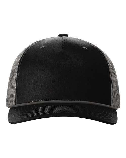 Richardson Five-Panel Trucker Rope Cap in Black/Charcoal, front view