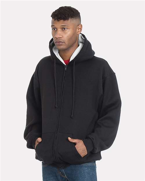 Bayside Unisex USA-Made Super Heavy Thermal Lined Full-Zip Hooded Sweatshirt in Black/Cream, front view on model