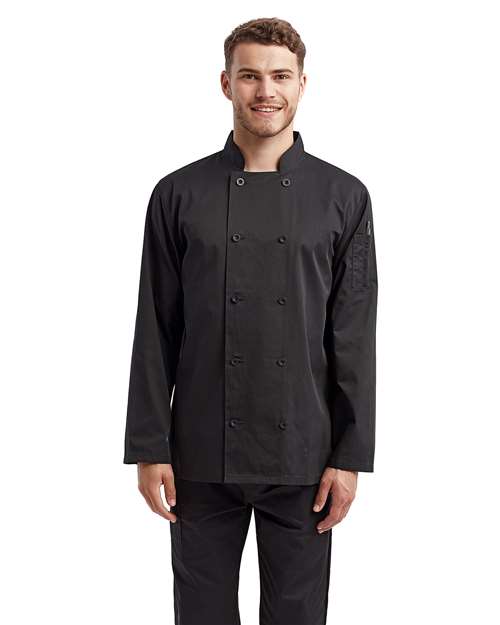 Artisan Collection by Reprime Unisex Recycled Chef Coat in Black, front view on model
