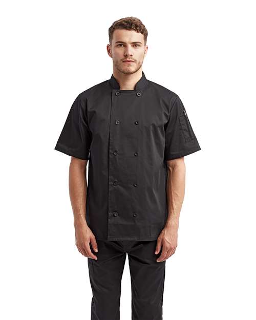 Artisan Collection by Reprime Unisex Short Sleeve Recycled Chef Coat in Black, front view on model