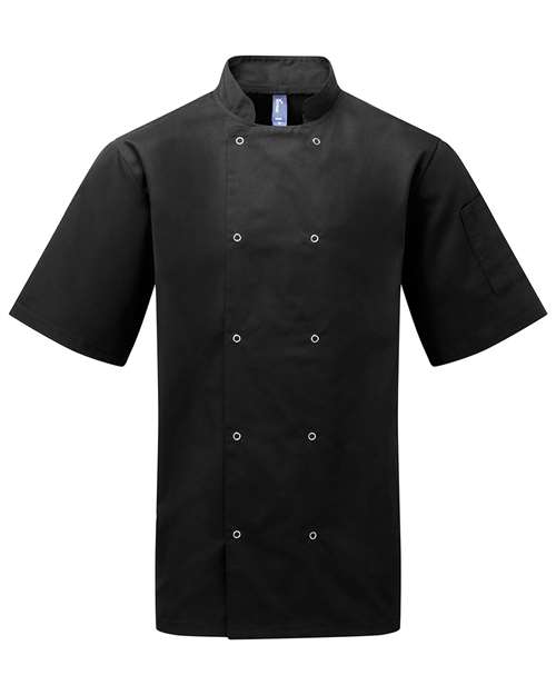 Artisan Collection by Reprime Unisex Ten Studded Front Short Sleeve Chef Coat in Black, front view