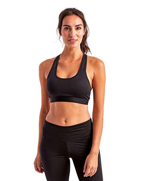 TriDri TriDri TD920 Women's Sports Bra with Custom Team Printing in Black, front view on model