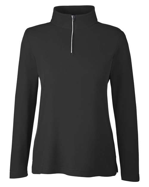 CORE365 Women's Fusion ChromaSoft™ Pique Quarter-Zip Pullover in Black, front view