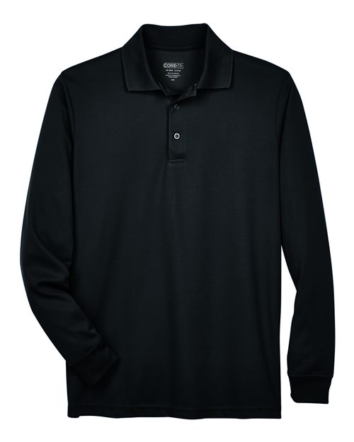 CORE365 Men's Tall Pinnacle Performance Long Sleeve Piqué Polo in Black, front view