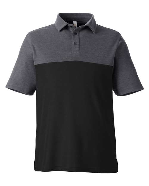 CORE365 Men's Fusion ChromaSoft™ Colorblock Polo in Black/Carbon Heather, front view