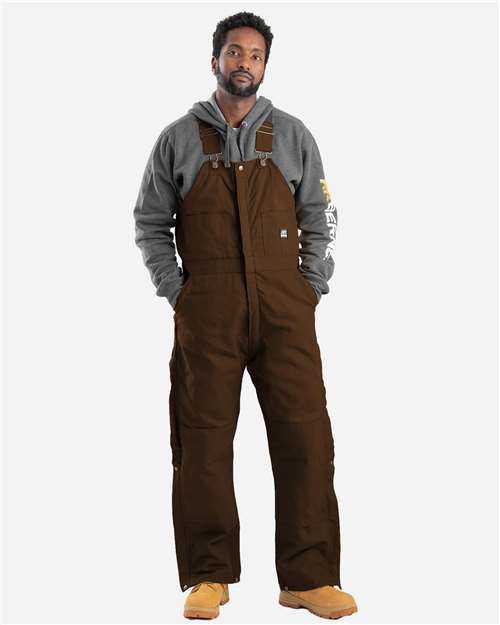 Berne Apparel Berne Apparel Insulated Bib Overall with Custom Logo in Bark, front view on model