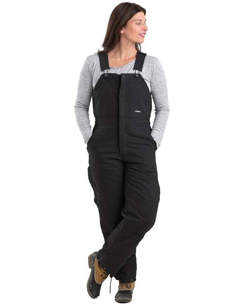 Berne Apparel Women's Softstone Duck Insulated Bib Overall in Black, front view on model