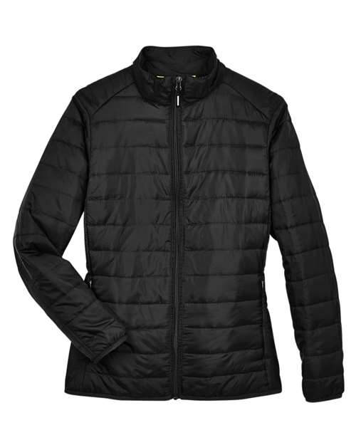 CORE365 Women's Prevail Packable Puffer Jacket in Black, front view