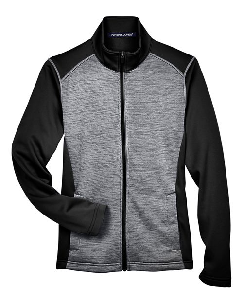 Devon & Jones Women's Newbury Colorblock Mélange Fleece Full-Zip Jacket in Black Heather/Dark Grey Heather