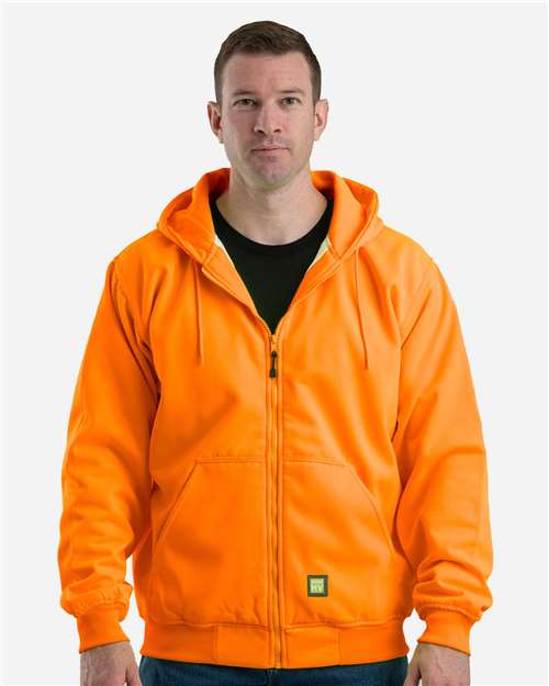 Berne Apparel Men's Tall Heritage Thermal Lined Hooded Sweatshirt in Orange, front view on model