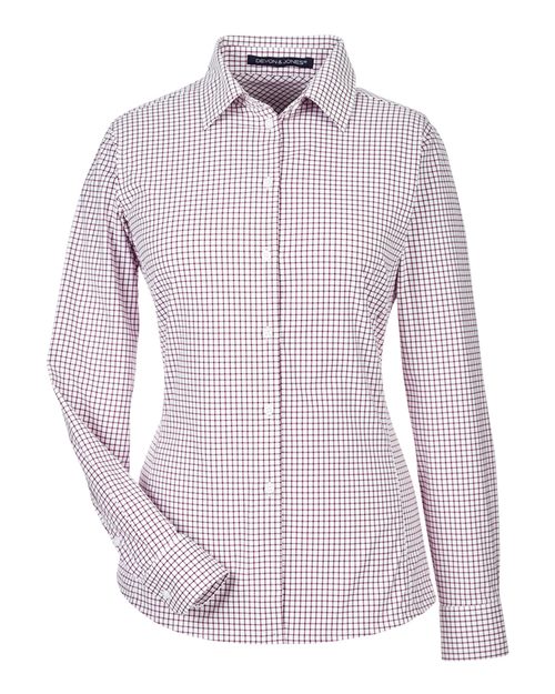 Devon & Jones Women's CrownLux Performance® Micro Windowpane Woven Dress Shirt in Burgundy/White, front view