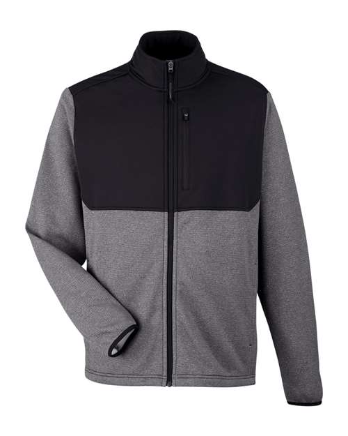 CORE365 Men's Venture Heathered Stripe Hybrid Jacket in Black/White, front view