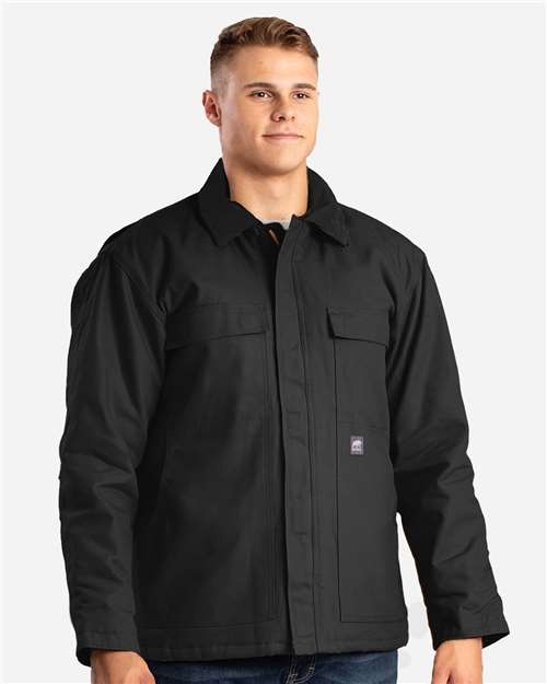 Berne Apparel Men's Tall Heritage Cotton Duck Chore Jacket in Black, front view on model