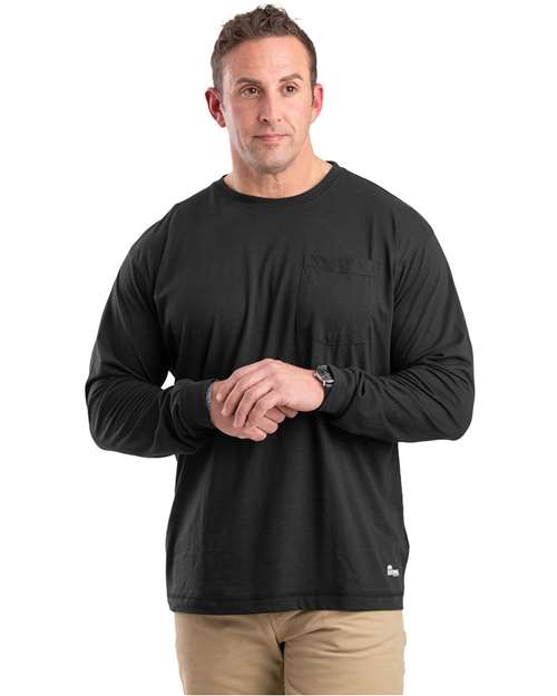Berne Apparel Men's Tall Performance Long Sleeve Pocket T-Shirt in Black, front view on model