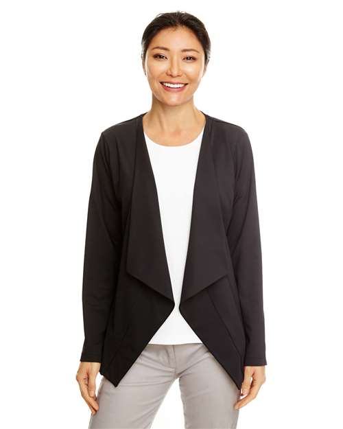 Devon & Jones Women's Perfect Fit™ Draped Open Cardigan Blazer in Black, front view on model