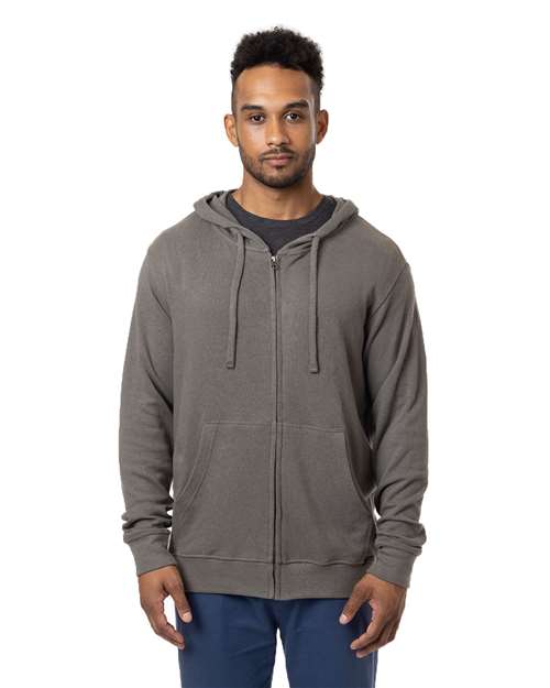 econscious Unisex Hemp Hero Full-Zip Hooded Sweatshirt in Stonework Grey, front view on model