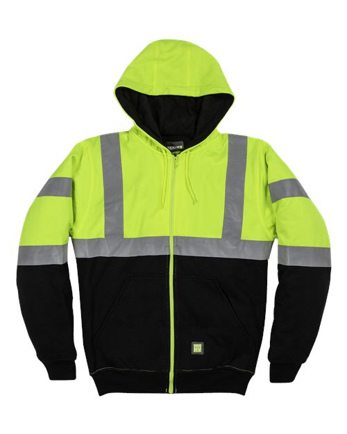 Berne Apparel Men's Hi-Vis Class 3 Color Block Full-Zip Hooded Sweatshirt in Hi Vis Yellow, front view