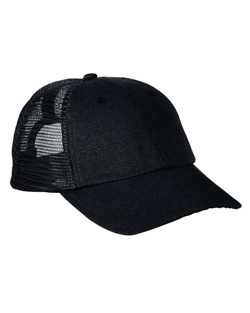 econscious Washed Hemp Soft Mesh Trucker Cap in Black/Black, front view