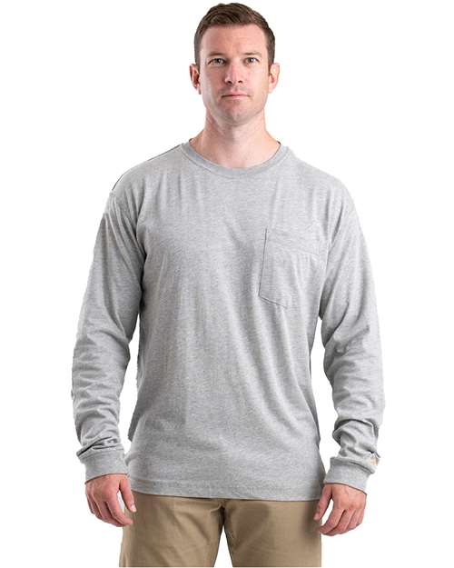 Berne Apparel Men's Tall Performance Long Sleeve Pocket T-Shirt in Heather Grey, front view on model