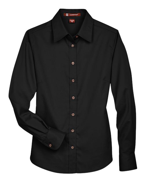 Harriton Women's Easy Blend™ Twill Dress Shirt with Stain-Release in Black, front view