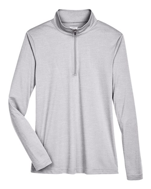 Team 365 Women's Zone Sonic Heather Performance Quarter-Zip Pullover in Athletic Heather, front view