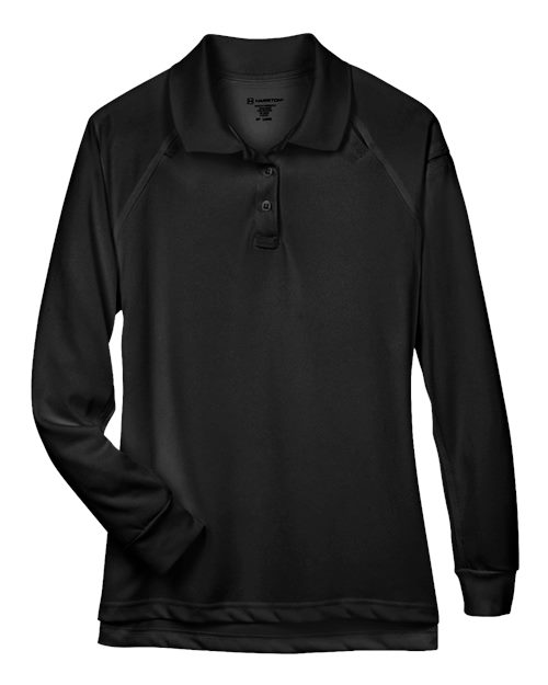 Harriton Women's Advantage Long Sleeve Tactical Polo in Black, front view