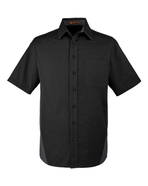 Harriton Men's Flash IL Colorblock Shirt in Black/Dark Charcoal, front view