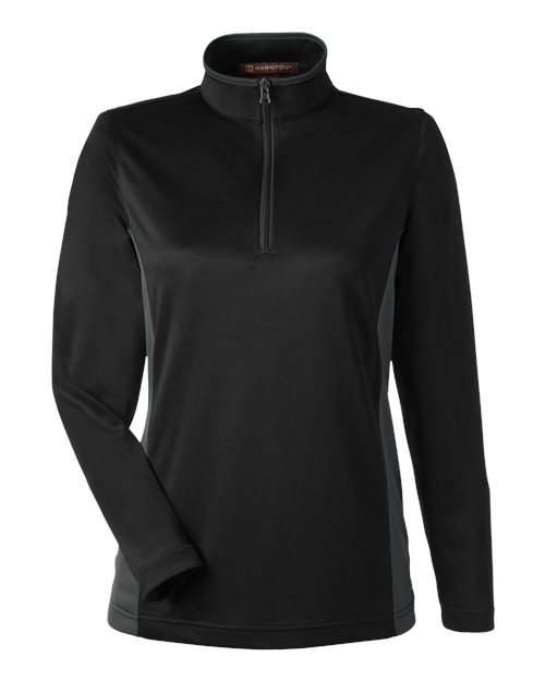 Harriton Women's Flash Snag Protection Plus IL Colorblock Quarter-Zip Pullover in Black/Dark Charcoal