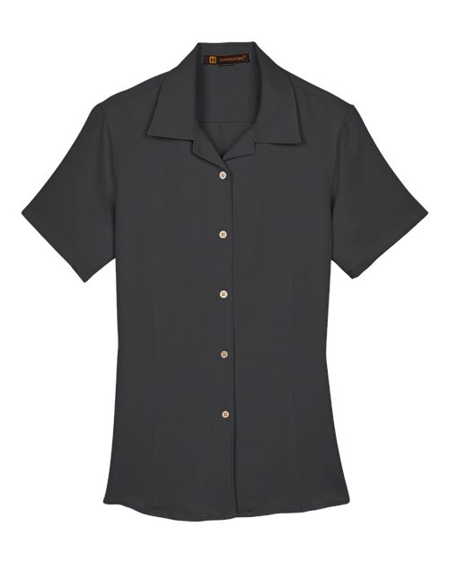 Harriton Women's Bahama Cord Camp Shirt in Black, front view