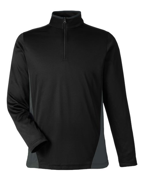 Harriton Men's Flash Snag Protection Plus IL Colorblock Quarter-Zip Pullover in Black/Dark Charcoal, front view