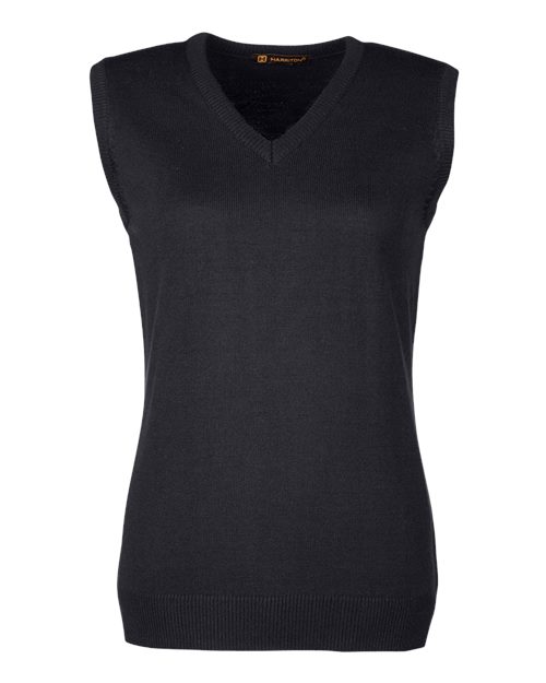 Harriton Women's Pilbloc™ V-Neck Sweater Vest in Black, front view