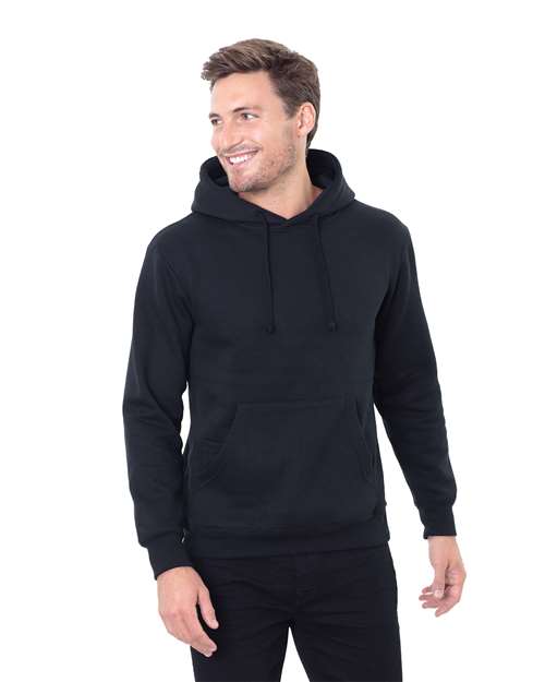 Threadfast Apparel Unisex Epic Fleece Pullover Hooded Sweatshirt in Black, front view on model