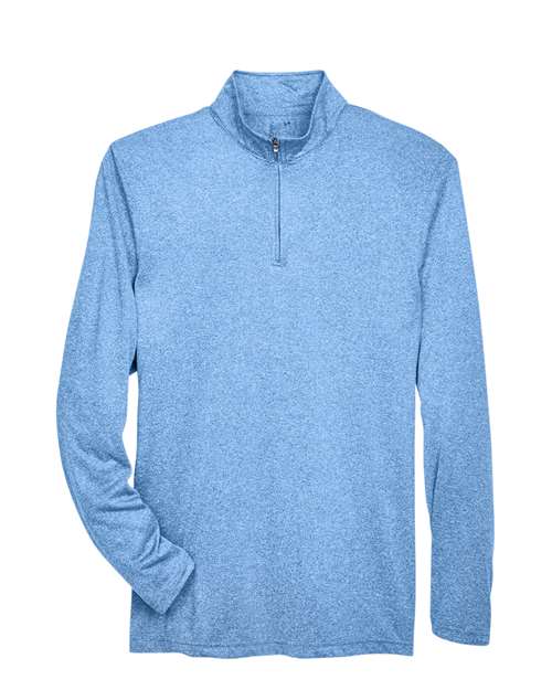UltraClub Men's Cool & Dry Heathered Performance Quarter-Zip Pullover in Columbia Blue Heather