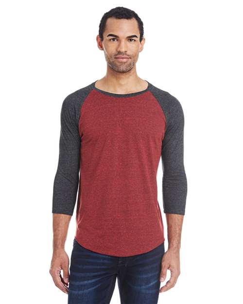 Threadfast Apparel Unisex Triblend Three-Quarter Sleeve Raglan T-Shirt in Cardinal Black/Black Triblend, front view on model